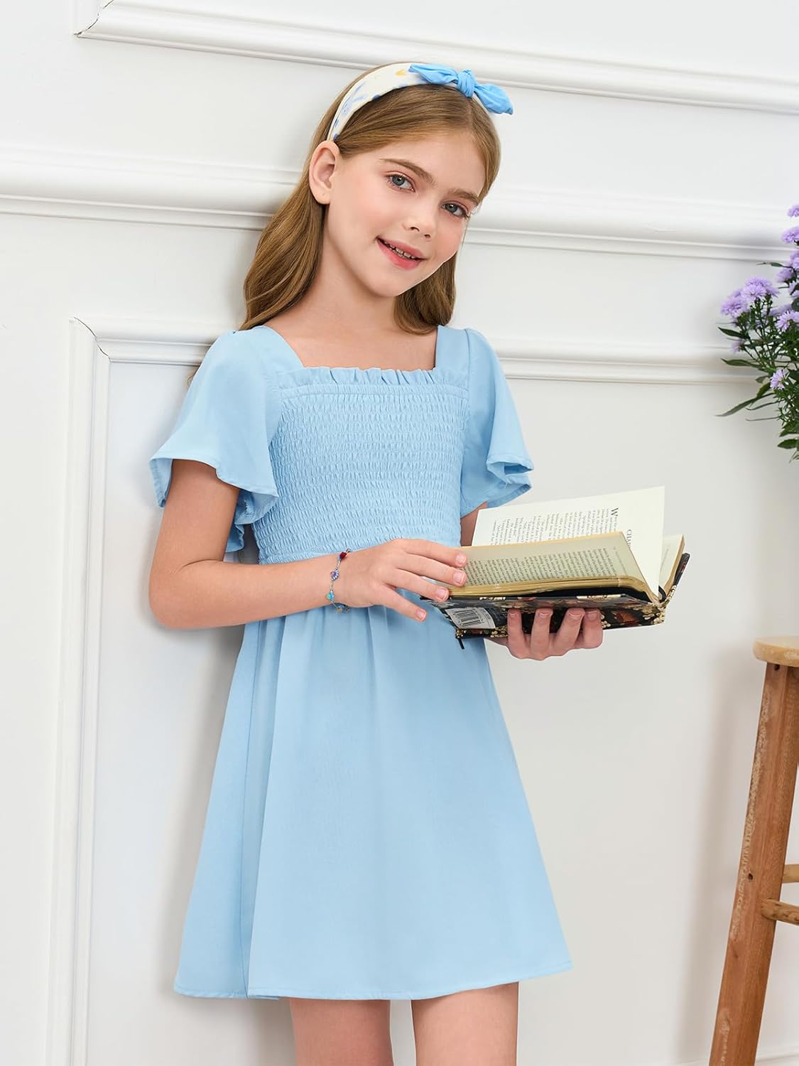 Haloumoning Girls Ruffle Short Sleeve Smocked Summer Dress Kids Square Neck A Line Flowy Mini Dresses 5-14 Years - Image 3