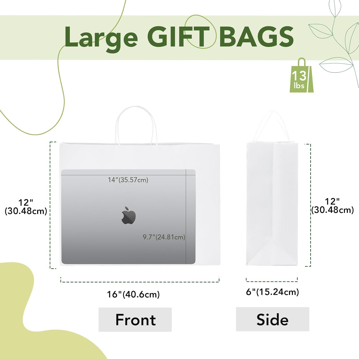 MESHA 16x6x12'' White Kraft Paper Bags With Handles,50 Pack Large Gift Bags Bulk Bulk Reusable for Business,Retail,Birthday,Wedding,Party,Favor,Merchandise,Grocery Shopping Bag - Image 3