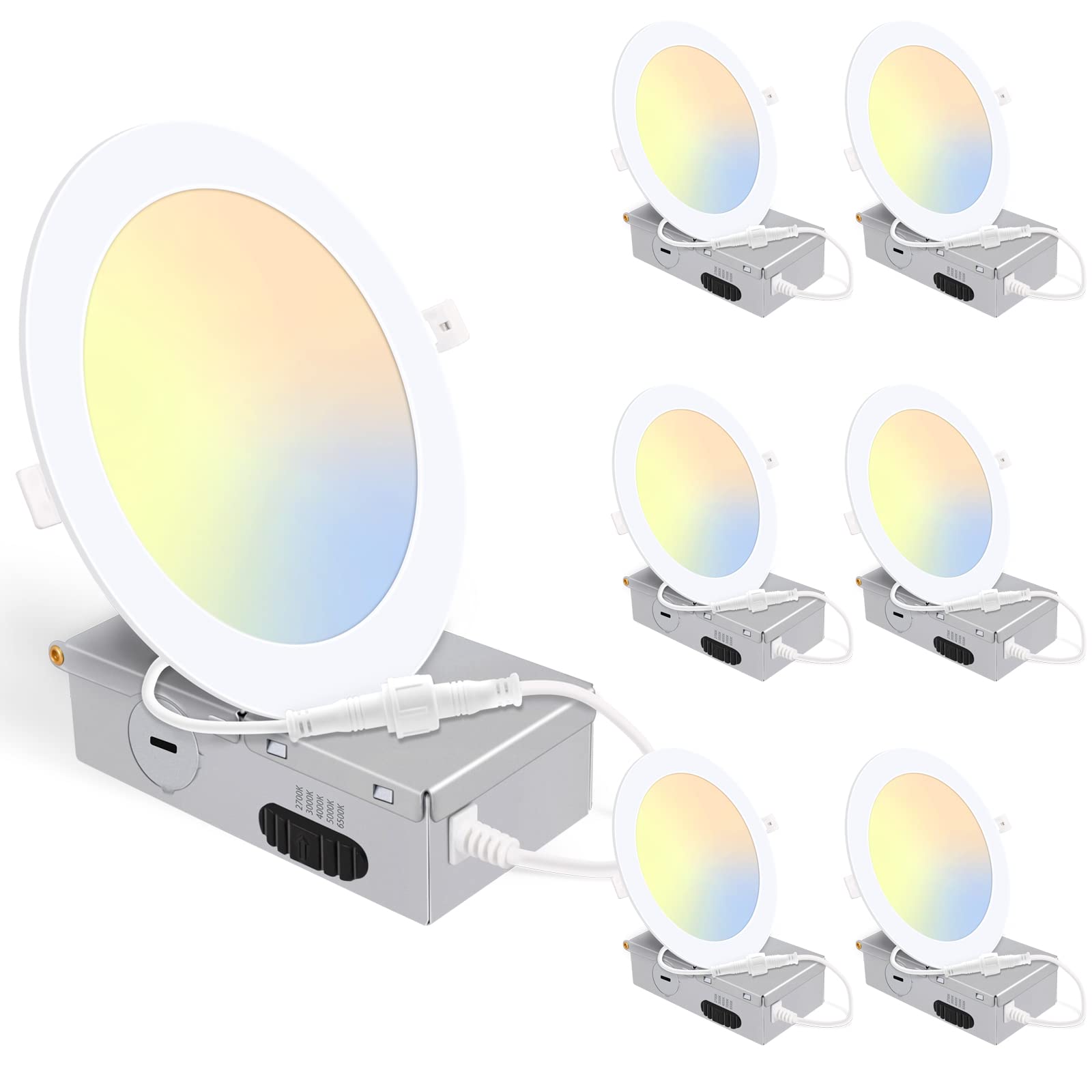 6 Pack 5CCT Ultra-Thin LED Recessed Lighting 6 Inch, Downlight with Junction Box, 2700K/3000K/4000K/5000K/6500K Selectable, 12W 110W Eqv, Dimmable Wafer Lights, 1050LM Canless LED Recessed Light, ETL