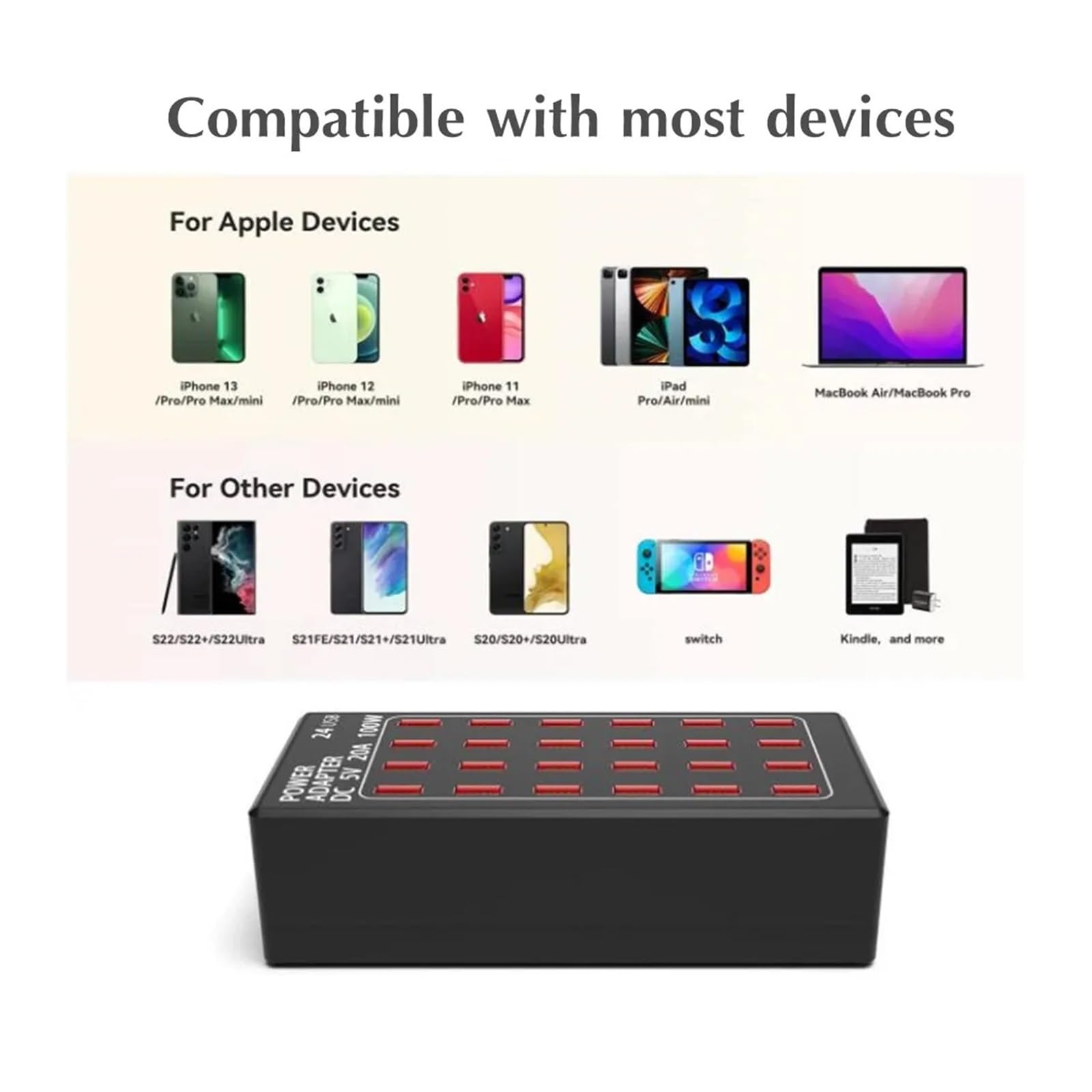 Chargeur USB 12 24 Multi-Ports HUB 100W, Station de Charge Universelle, Adaptateur d'alimentation Mural de Bureau for téléphones Mobiles,Gain De Place(24-Port USB(100W))