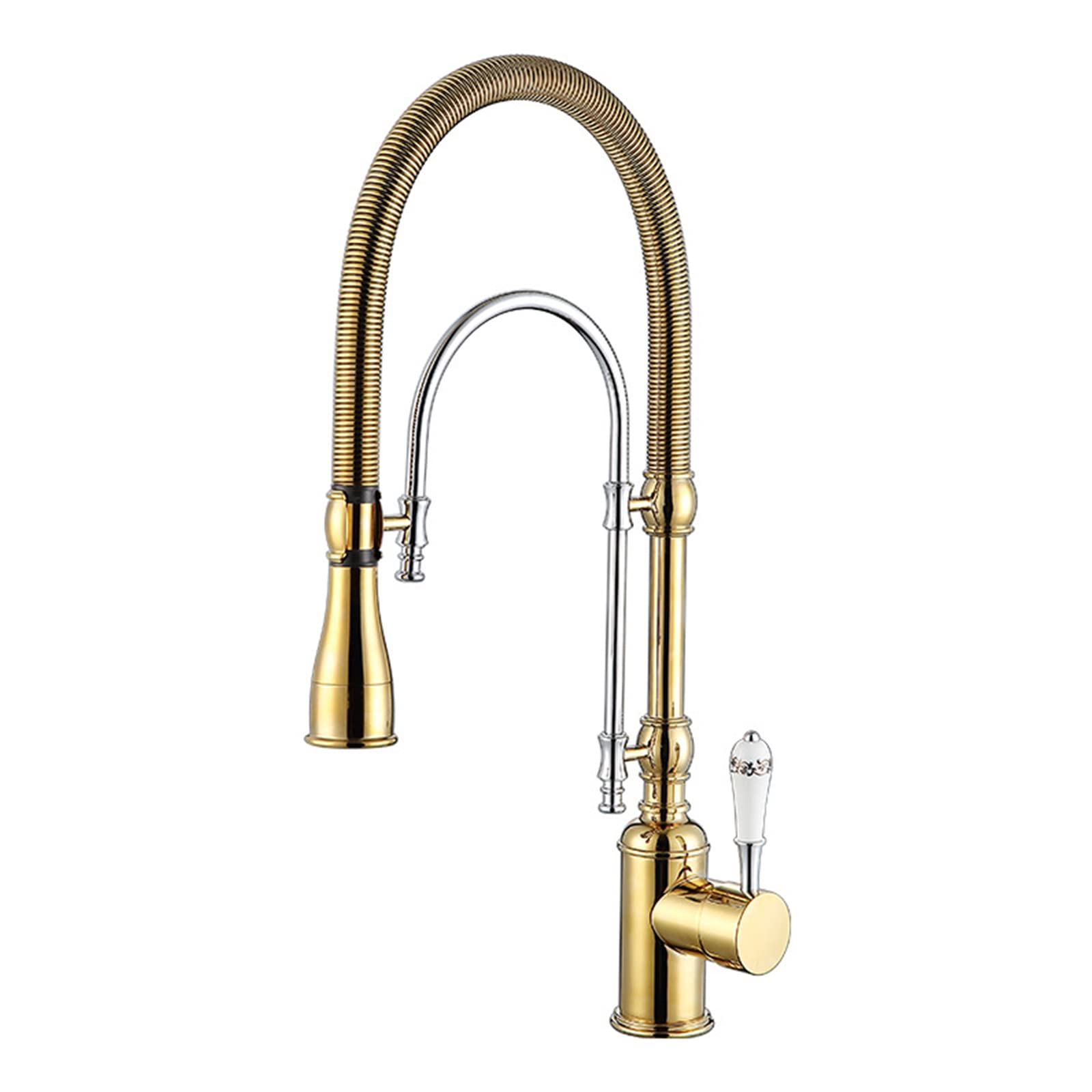 ZQFHSX Polished Gold Kitchen Faucet High Arc Single Handle Pull-Down Sprayer Dual-Mode Solid Brass Mixer Tap with Porcelain Ideal for Modern Sink