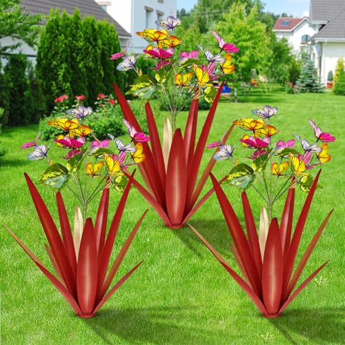 Image of TOMBABY Garden Outdoor Butterfly Enlarge Thickened Wind Resistant Metal Agave Garden Art Metal Plant Country Sculpture Statue Decorations Ornaments Artificial Waterproof Butterflies(red 3pcs)