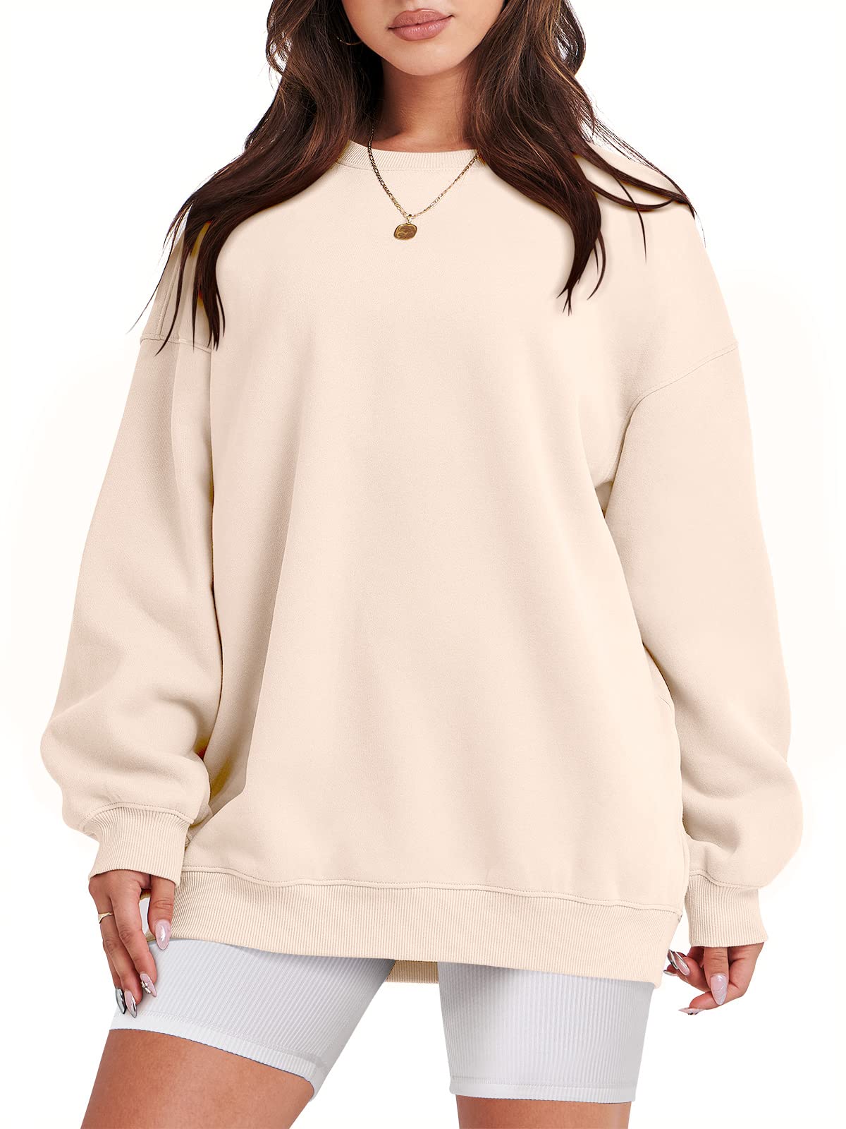 Damskie bluzy oversize bluzy z kapturem polar okrągły dekolt sweter top codzienne jesienne stroje preppy ubrania nastolatki 2024 A1019 światło, Jeden kolor, Apricot_S