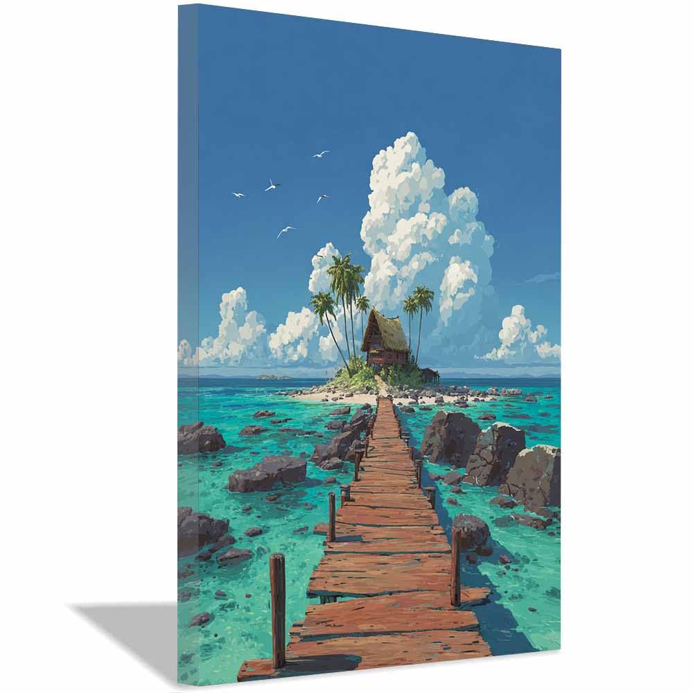 HOQIU Wall art for home decor Wooden Pier to Paradises canvas artwork for wall, art prints, For living room, bedroom, bathroom, dining room, painting and decor.(Multicolor)-30x40cm Framed