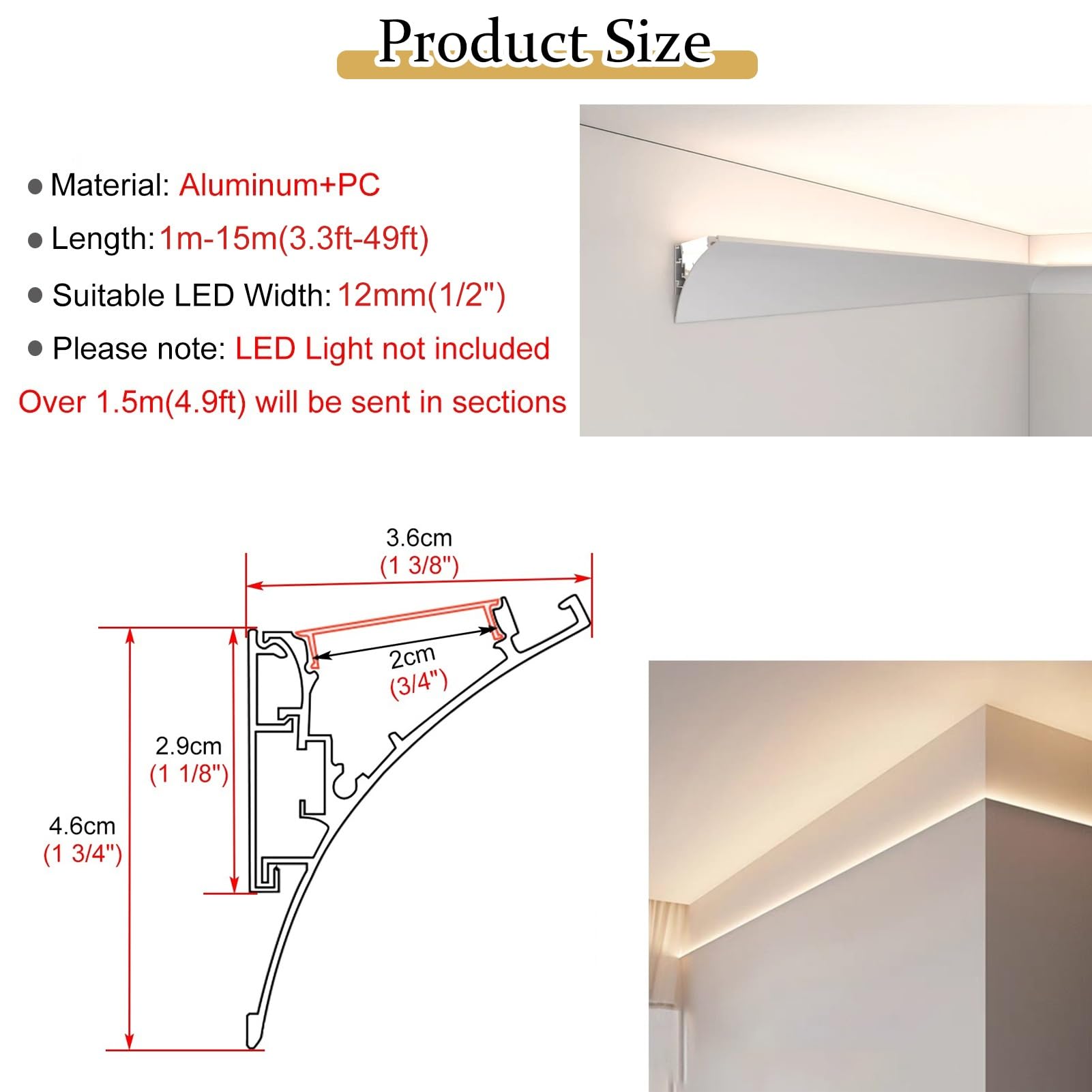 Perfil Aluminio Tira Led Moldura de Techo con Canal de Aluminio para LED, Moldura de Techo para Sala de Estar y Dormitorio, Difusor de Luz LED con Iluminación Indirecta para Bañador de Techo de Casa(1