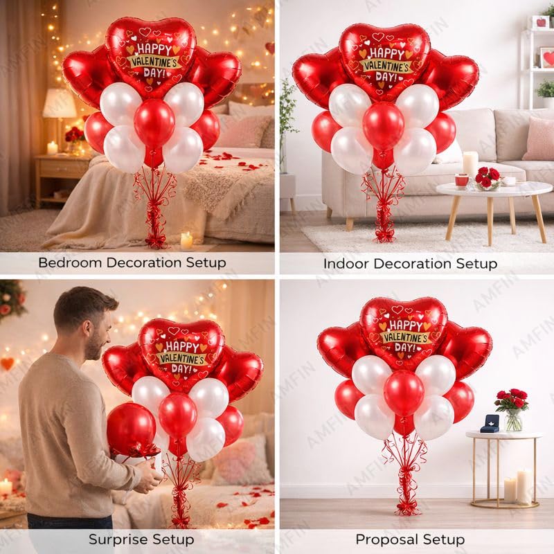 Image of AMFIN (Pack of 9) Happy Valentine's Day Balloon Decoration Set | Romantic Heart Foil Bouquet Metallic Helium Bunch Proposal Anniversary Celebration Party Decor - Red