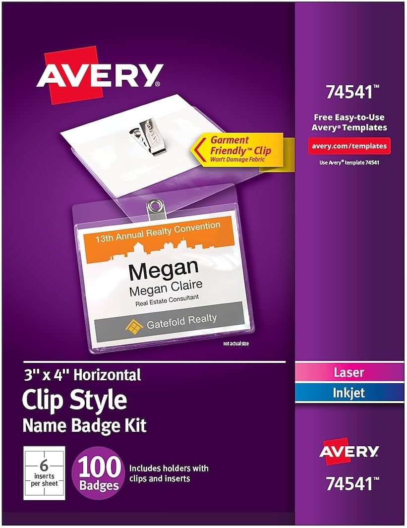 Avery Top-Loading Garment-Friendly Clip-Style Name Badges, 3" x 4", 100 Badges(74541) 200 name tags
