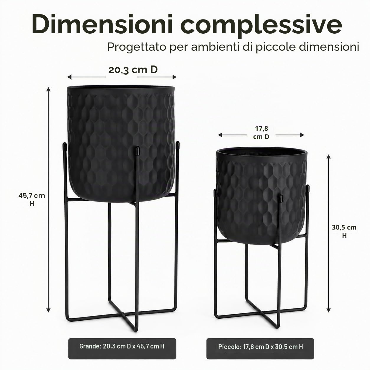 TRIROCKS Set di 2 Vasi Moderni in Metallo con Supporto, 31 cm & 45 cm, Fioriere per Interni/Esterni, Cucina, Soggiorno, Balcone (Nero)
