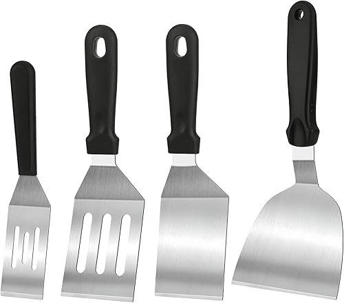 Paquete de 4 espátulas de acero inoxidable para sartén de hierro fundido, mango resistente al calor, juego de espátulas y espátulas para plancha,