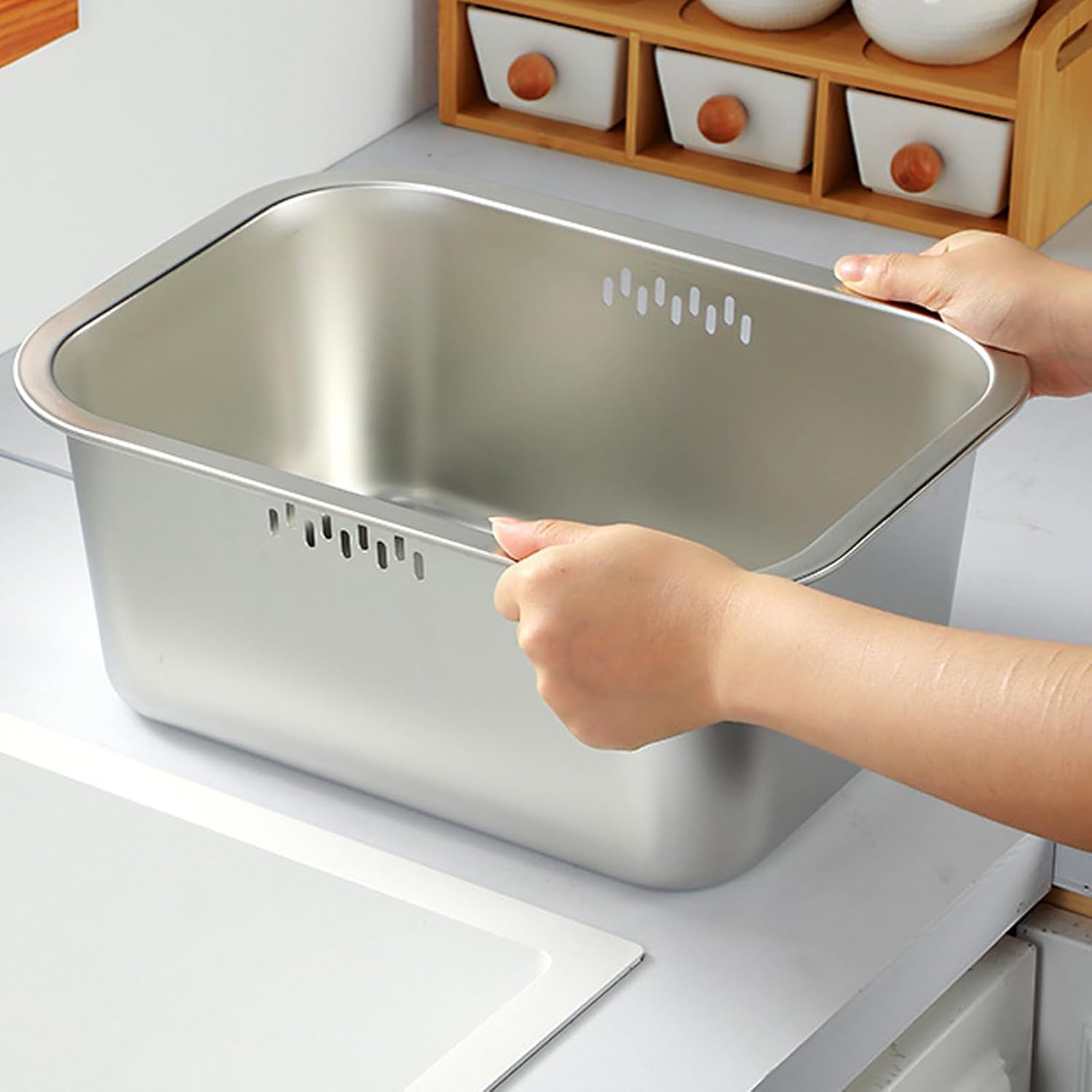 Space Saving Square Kitchen Colander Fine Meshes Multipurpose Use Draining Rice Vegetables Sturdy Easy Stainless Steel Strainer