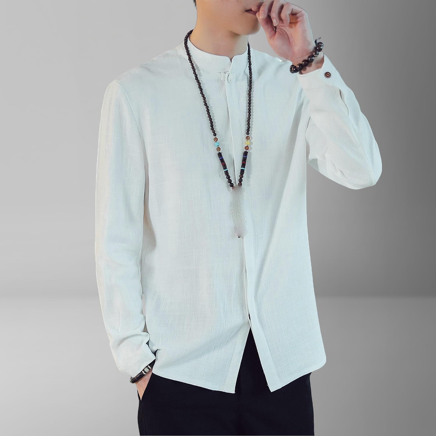 Camisa de manga larga para hombre, de lino y algodón, con cuello alto, estilo chino, primavera y otoño