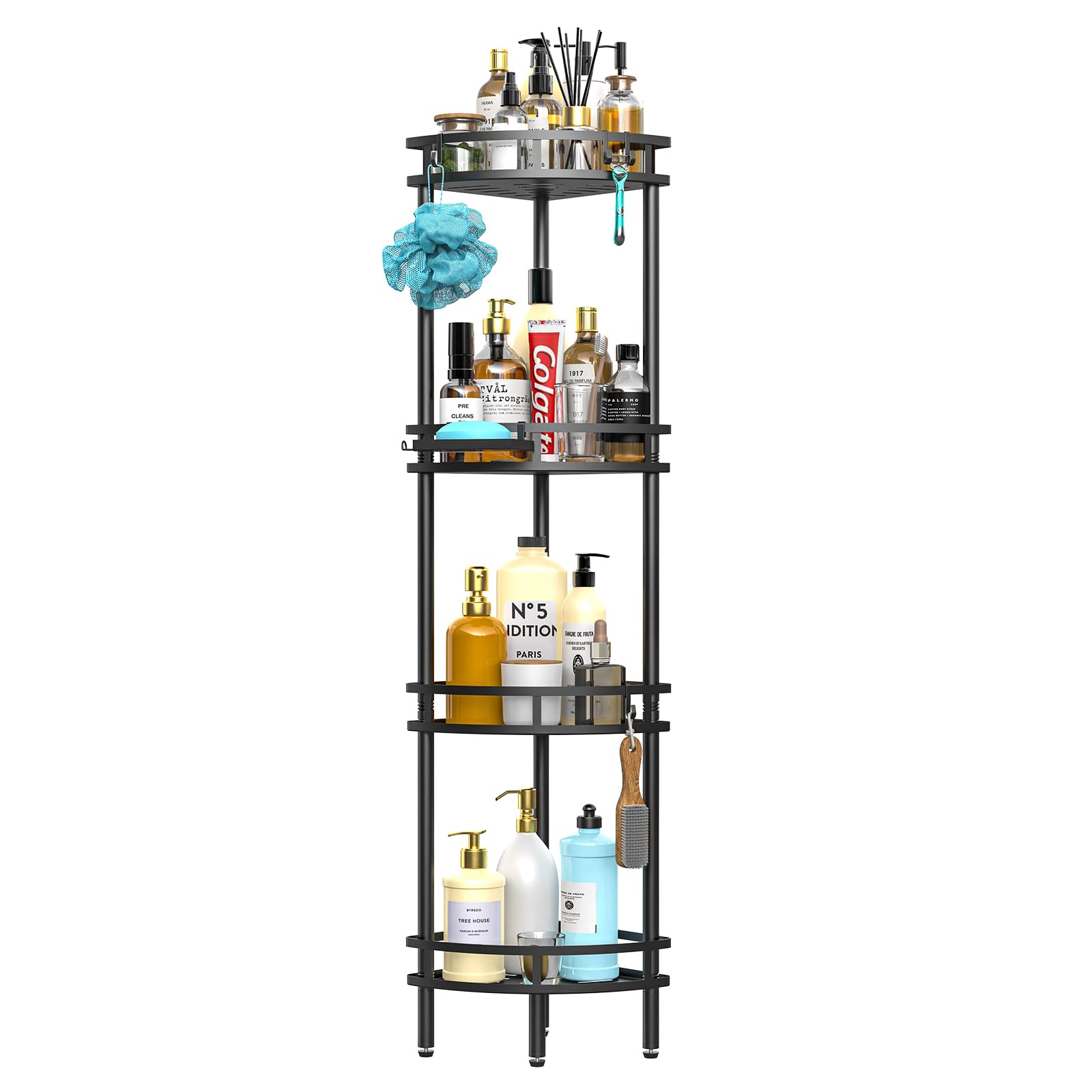 Menintog Standing Shower Caddy-4 Tier Stand with Soap Dish, 4 Hooks, Adjustable Feet for Corner-Black
