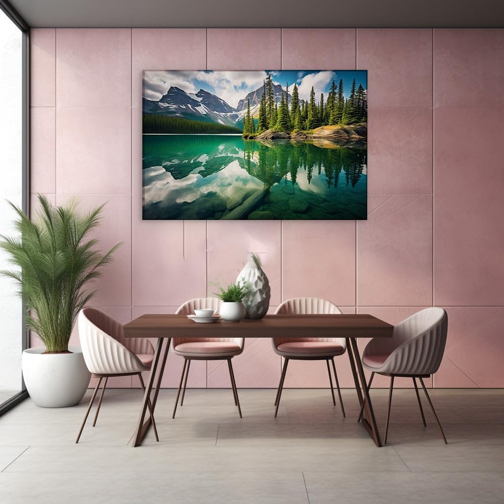 Canvas for Living room. Tranquil Waters and Towering Peaks: A Pristine Reflection of Nature's Serenity, 27 x 18 inch Canvas Wall Art - Contemporary Masterpieces - Modern Home Decor
