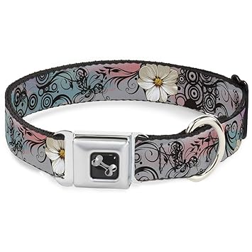 Dog Collar Seatbelt Buckle Flowers Filigree Pink 13 to 18 Inches 1.5 Inch Wide