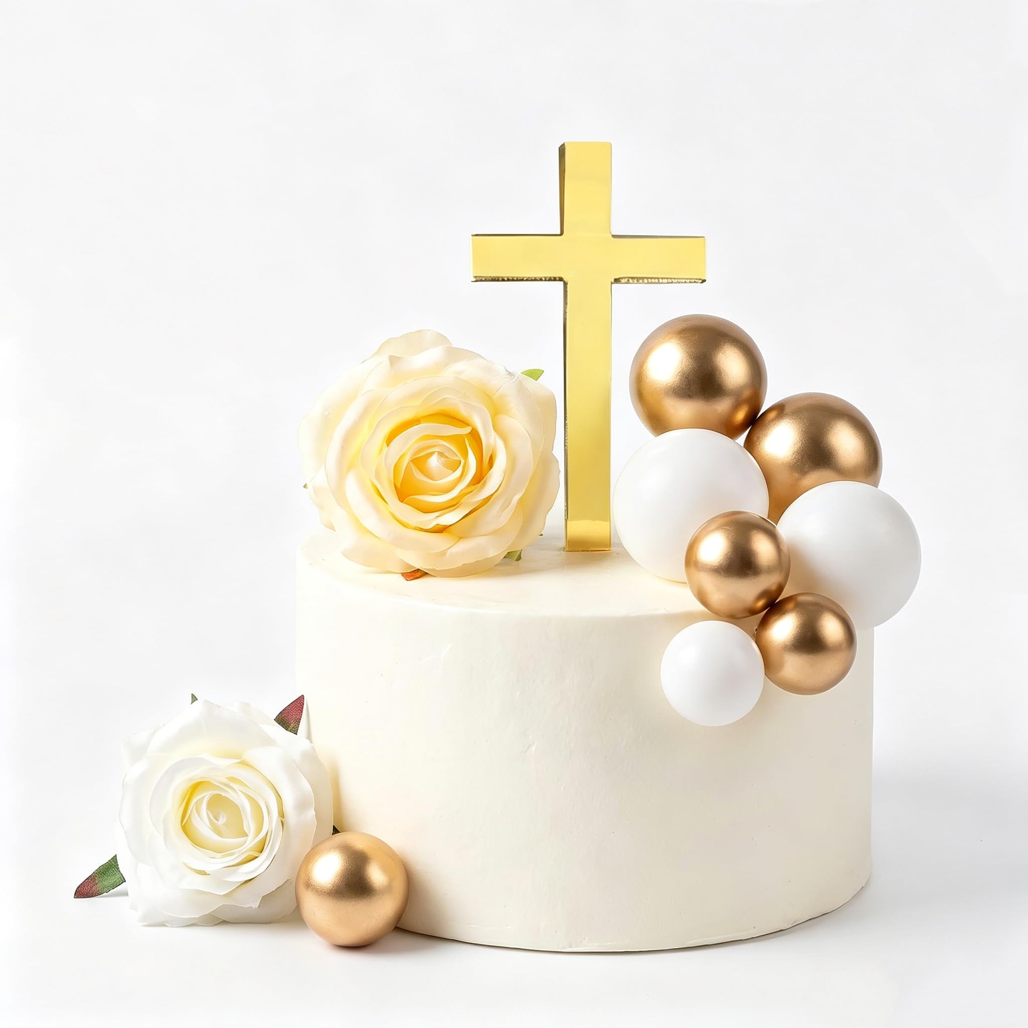 13-Piece Gold Cake Decorations Set - Acrylic Religious Cross Cake Topper with White Rose & Balls - First Holy Communion, Christening, Wedding, Baby Shower Party Supplies