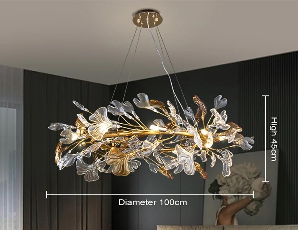 Générique Lustre, Lustre en cristal suspendu nordique for chambre salon salle à manger feuille de verre ronde lustre luxe lustres branche(Neutral Light,Long 120cm)