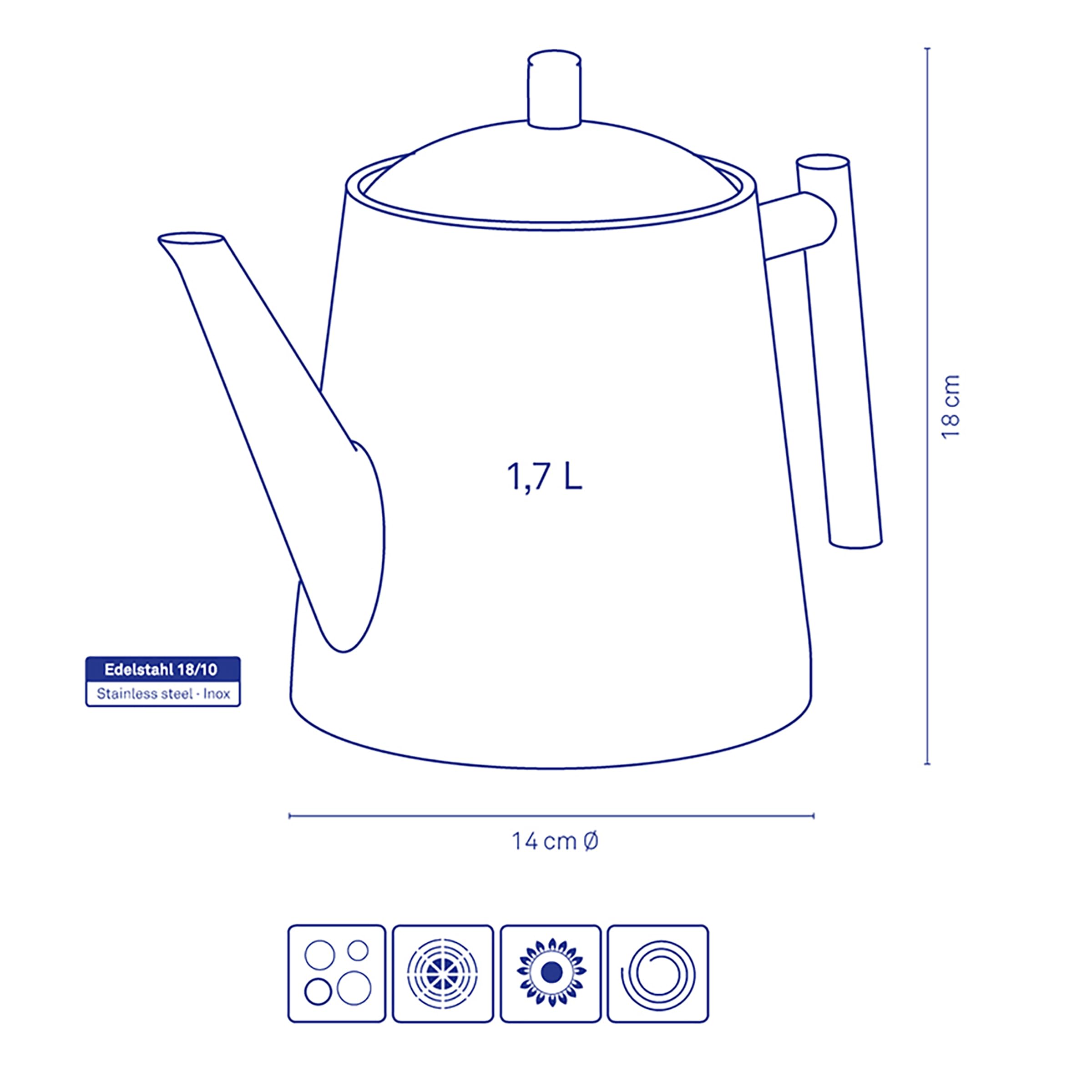 kela Théière avec filtre, théière en acier inoxydable 1,7 l ANCONA, théière pour thé en vrac et sachets de thé, bouilloire à thé