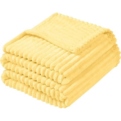 Vessia Flannel Fleece Twin Blanket for Couch,Sofa,Bed, 300GSM Striped 60x80 inch Light Yellow Blanket for Adults and Kids, Super Soft Warm Cozy Lightweight Ribbed Pale Yellow Decor for All-Season