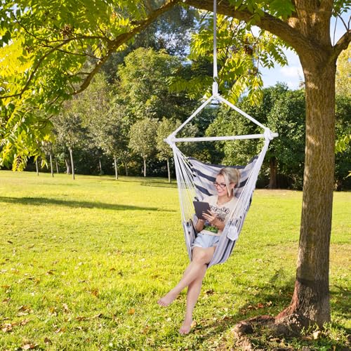 Image of Backyard Expressions Striped Hammock Chair Hanging Rope Swing Chair, Anti Slip Steel Spreader Bar