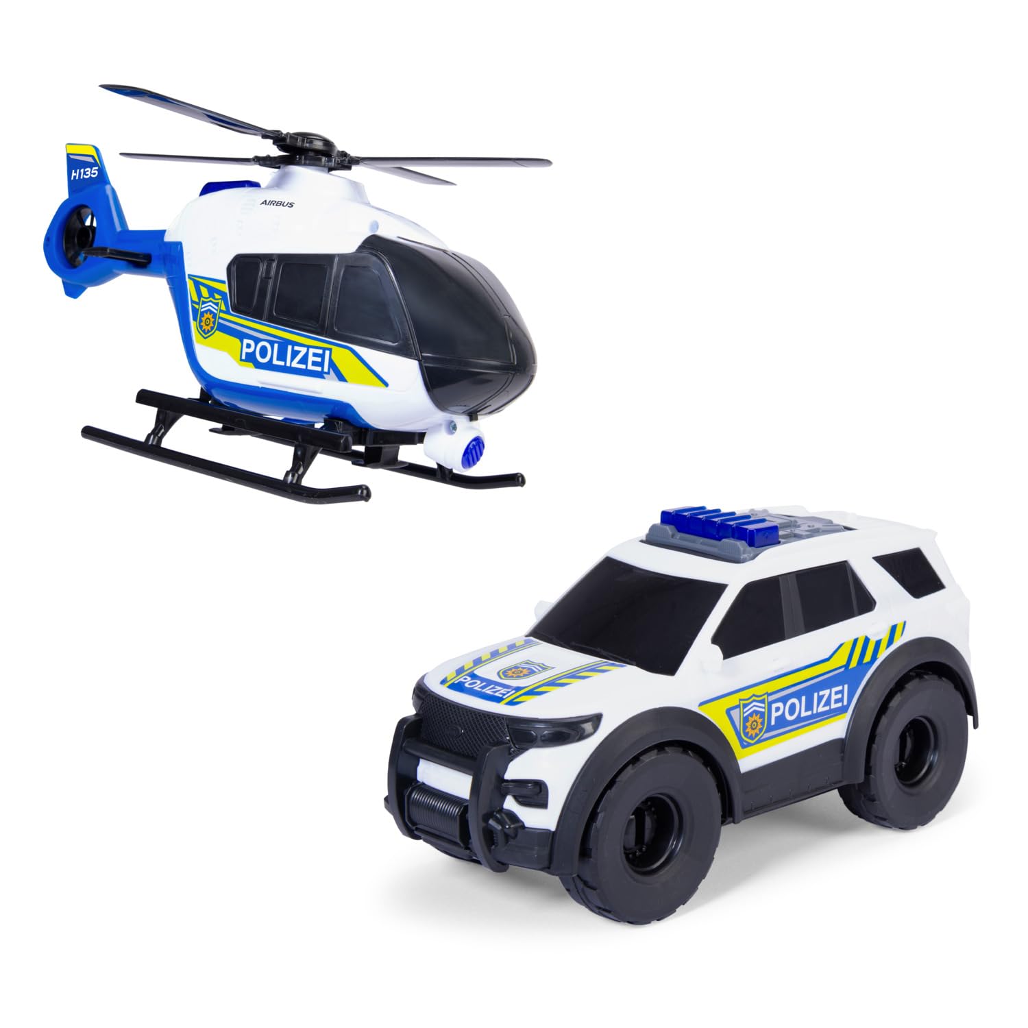 Dickie Toys Police Strike Squad - Ford Interceptor (23 cm) & Airbus H135 Helicopter (26 cm) - Toy Cars & Helicopters with Freewheel and Manual Moving Propeller
