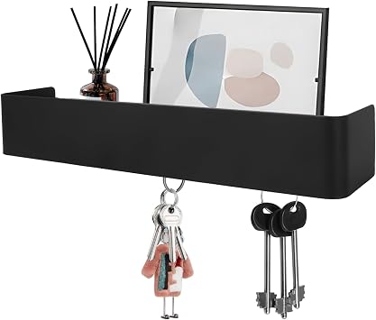 Key Holder with Shelf, Key Rack Black with 5 Hooks, Wall Key Holder for Hallway, Entrance, Wardrobe (30 x 7 x 5 cm)