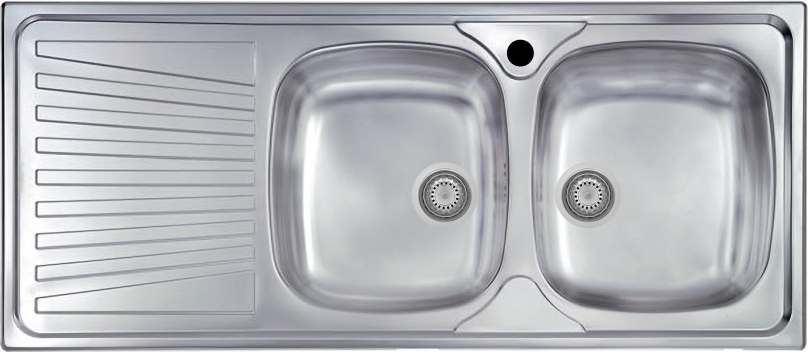 Lavello cucina Monica acciaio inox 116 x 50 cm 2 vasche stampate destre e gocciolatoio Made in Italy