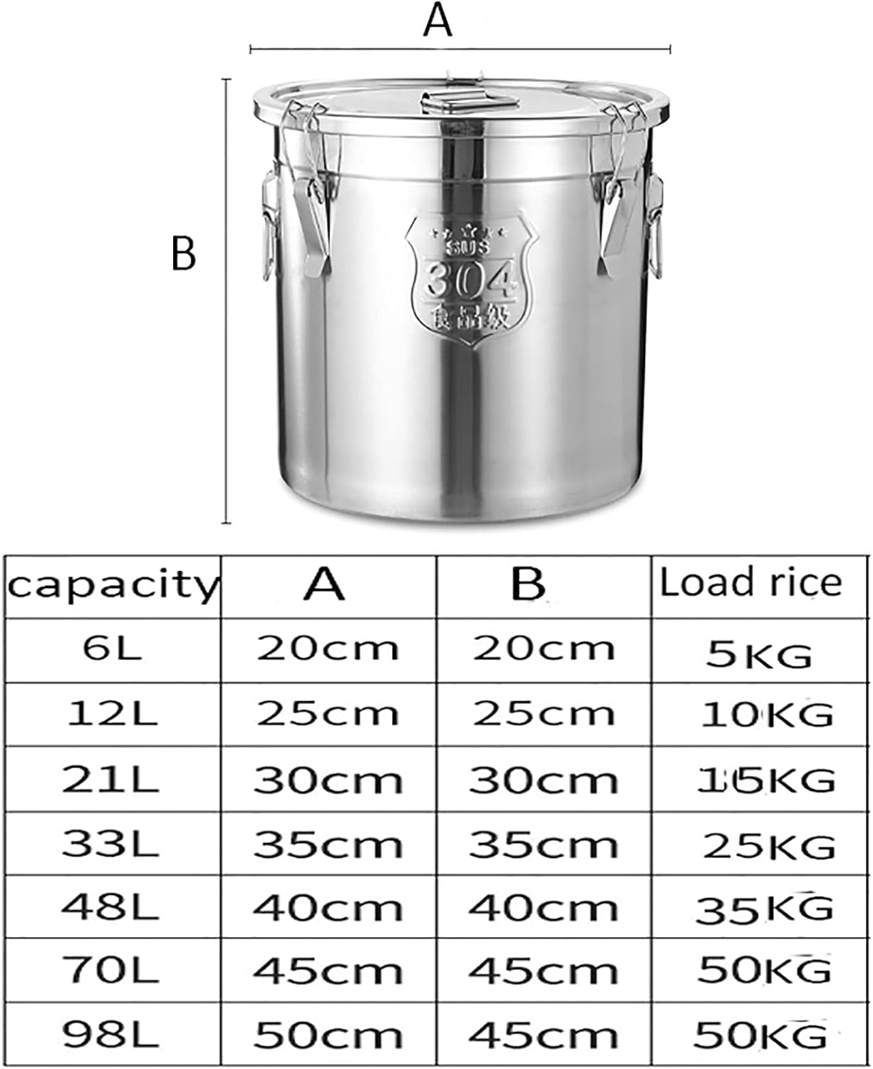 Soup Bucket, 304 Stainless Steel Rice Bucket/storage Bucket/sealed Bucket/oil Bucket/milk Tea Bucket, for Commercial Kitchen Household (Size : 50cm)