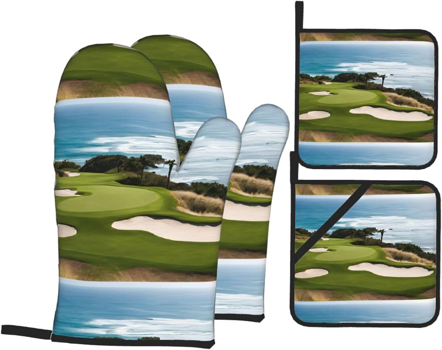 (Beach Golf Course) Baking 4-Piece Set: 2 Oven Mitts and 2 Pot Holders Heat Resistant Waterproof Hanging Loop for Kitchen Oven Grill Housewarming Gifts