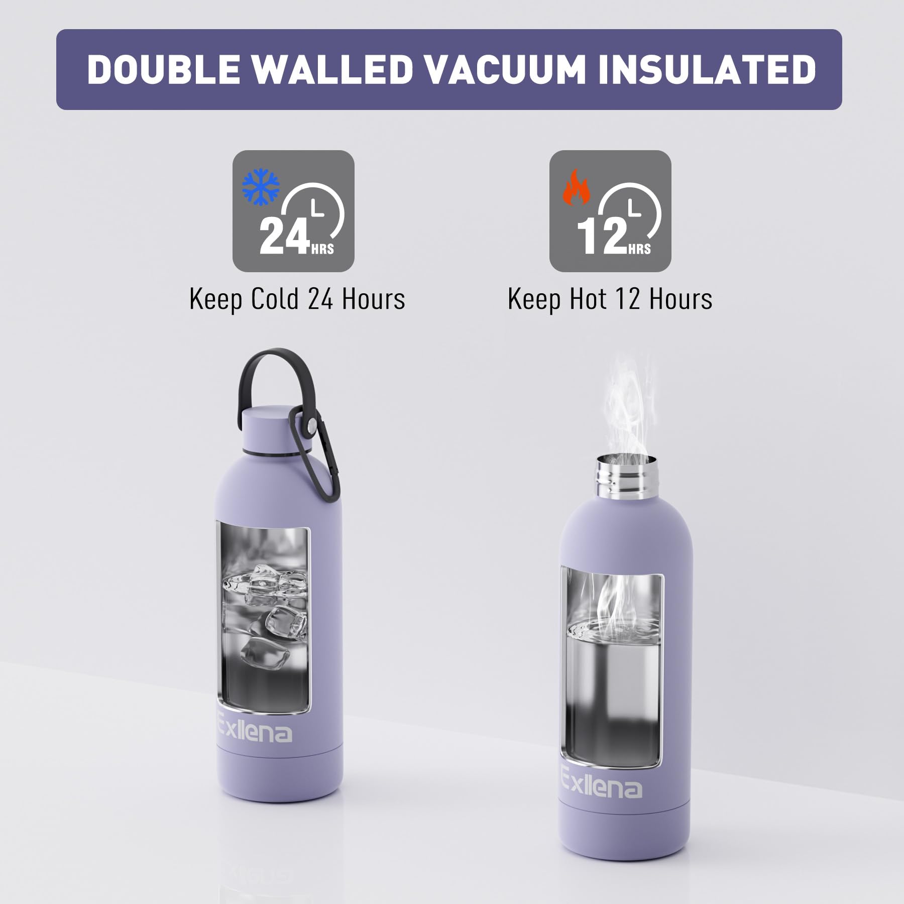 Exllena Borraccia Termica 500 ml con Maniglia e Moschettone - Borraccia 500 ml Mantenere Calore/Freddo - Senza BPA - 100% A Tenuta Stagna per Escursioni, Campeggio, Viaggi...(Viola)