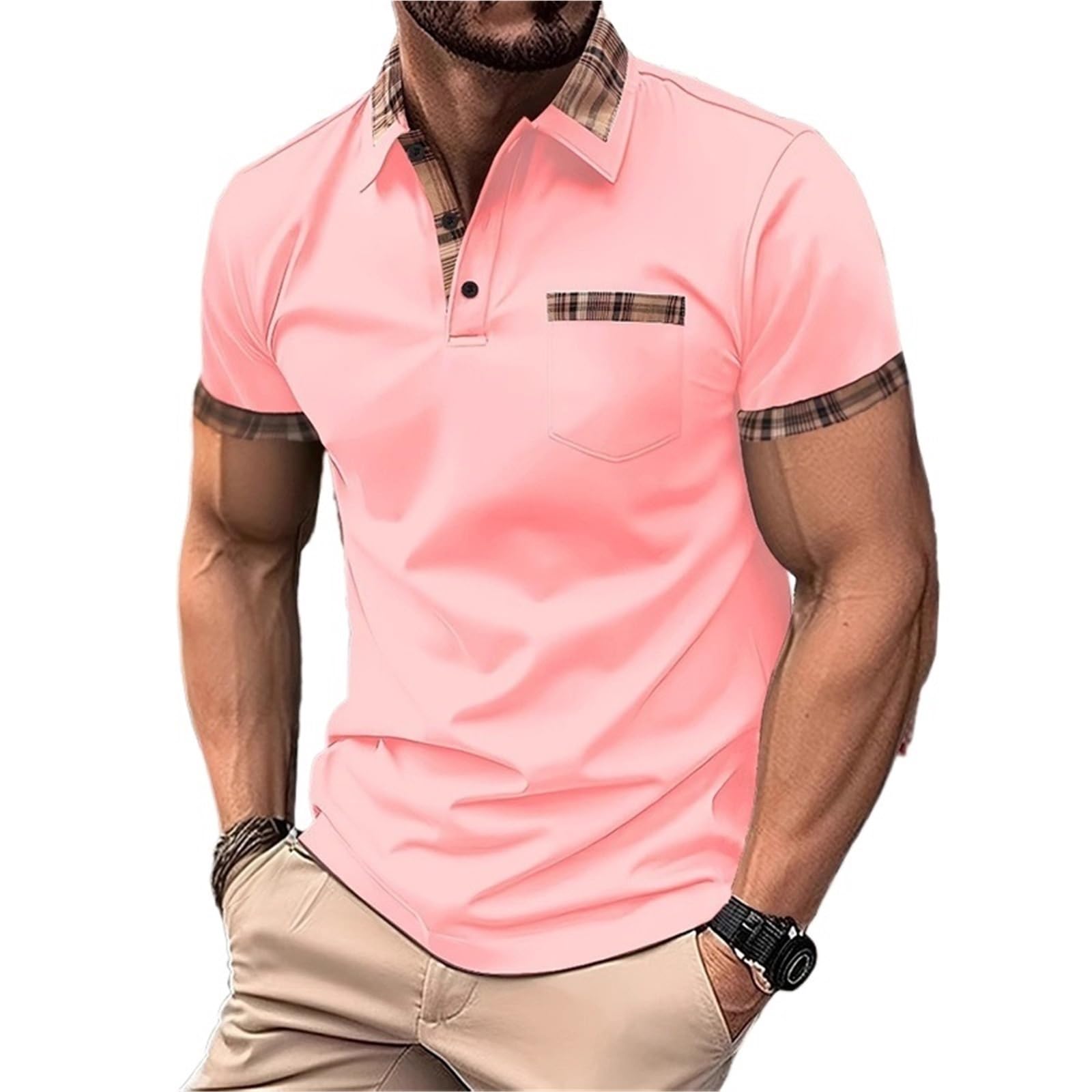 Polo Hombre Polo de Manga Corta con Retazos a Cuadros for Hombre, diseño Bolsillo Cuello, Corte Entallado Informal Negocios para el Verano
