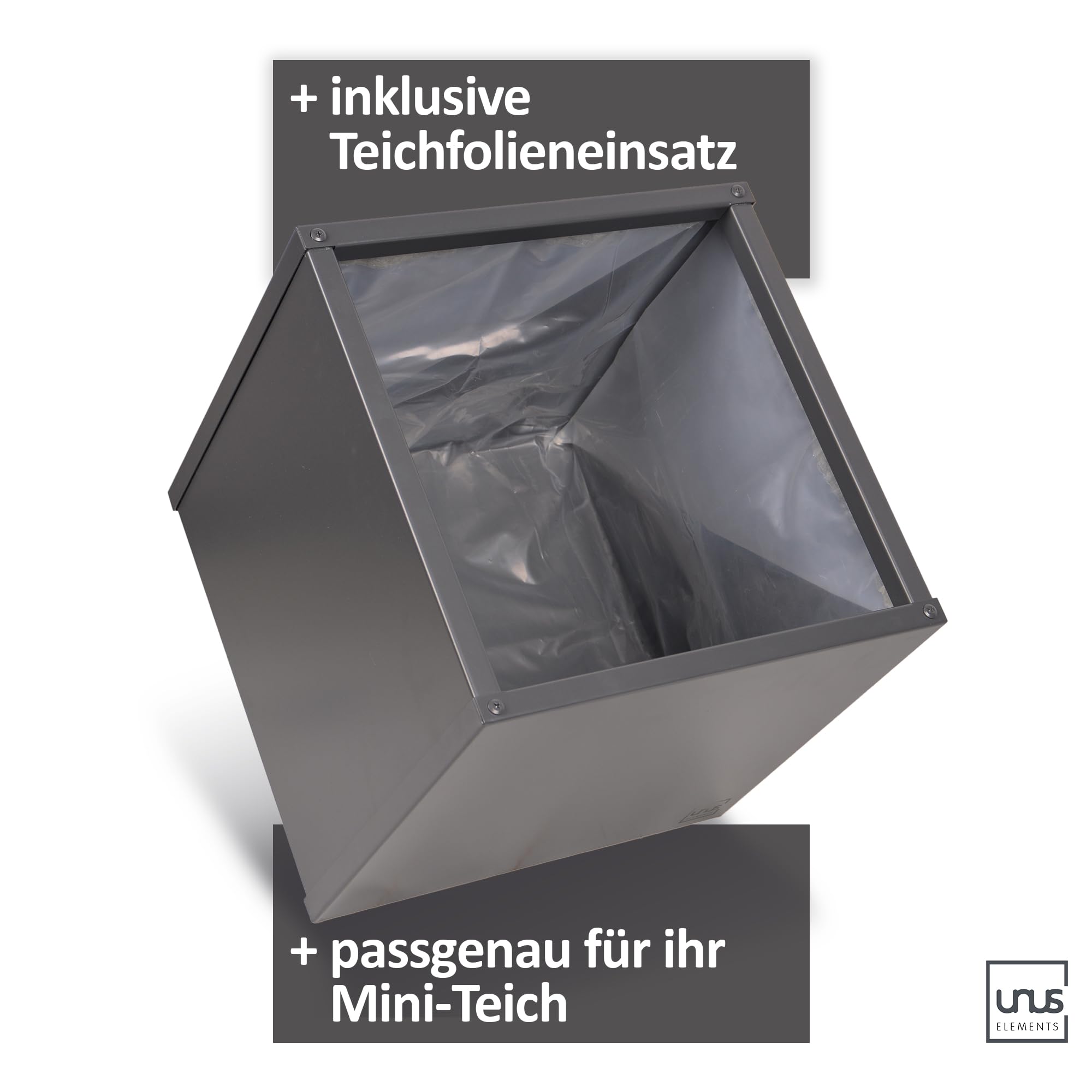 UNUS Pflanzkübel anthrazit aus Metall 1,5mm stark in inklusive Teichfolieneinsatz wetterfest 80x80x40cm