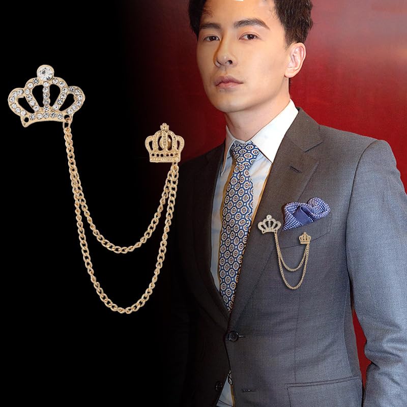 Image of coadipress Crown With Hanging Chain Brooch for Women Men Elegant Gentlemen Gold Silver Crystal Crown Lapel Pin Vintage Rhinestone Wedding Brooch Suit Shirt Pin Accessories