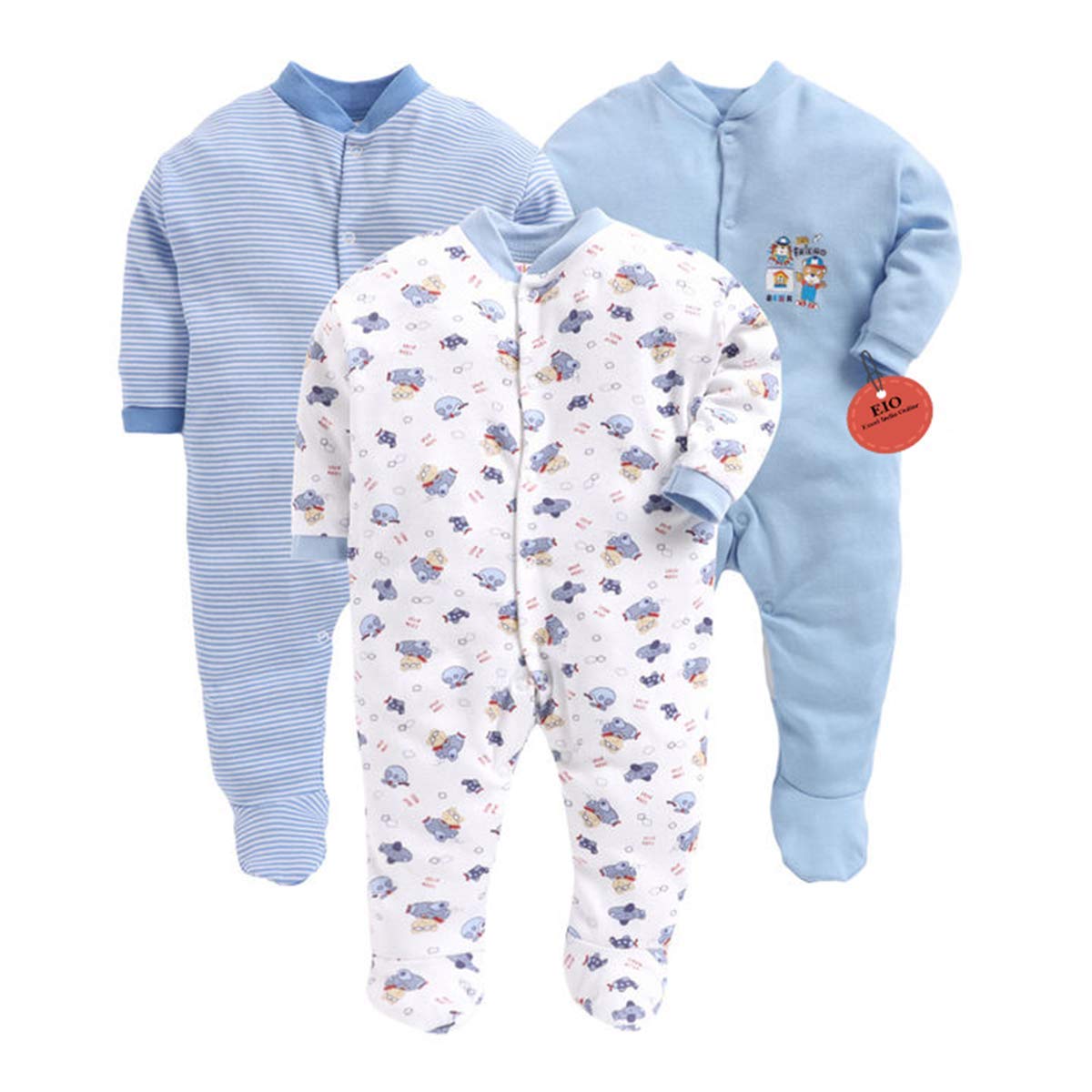 EIO� 100% Cotton Rompers/Sleep Suits/Jumpsuit/Night Suits for Baby Boys & Girls, Infants, New Born Pack of 3 (0-3 Months, Blue)