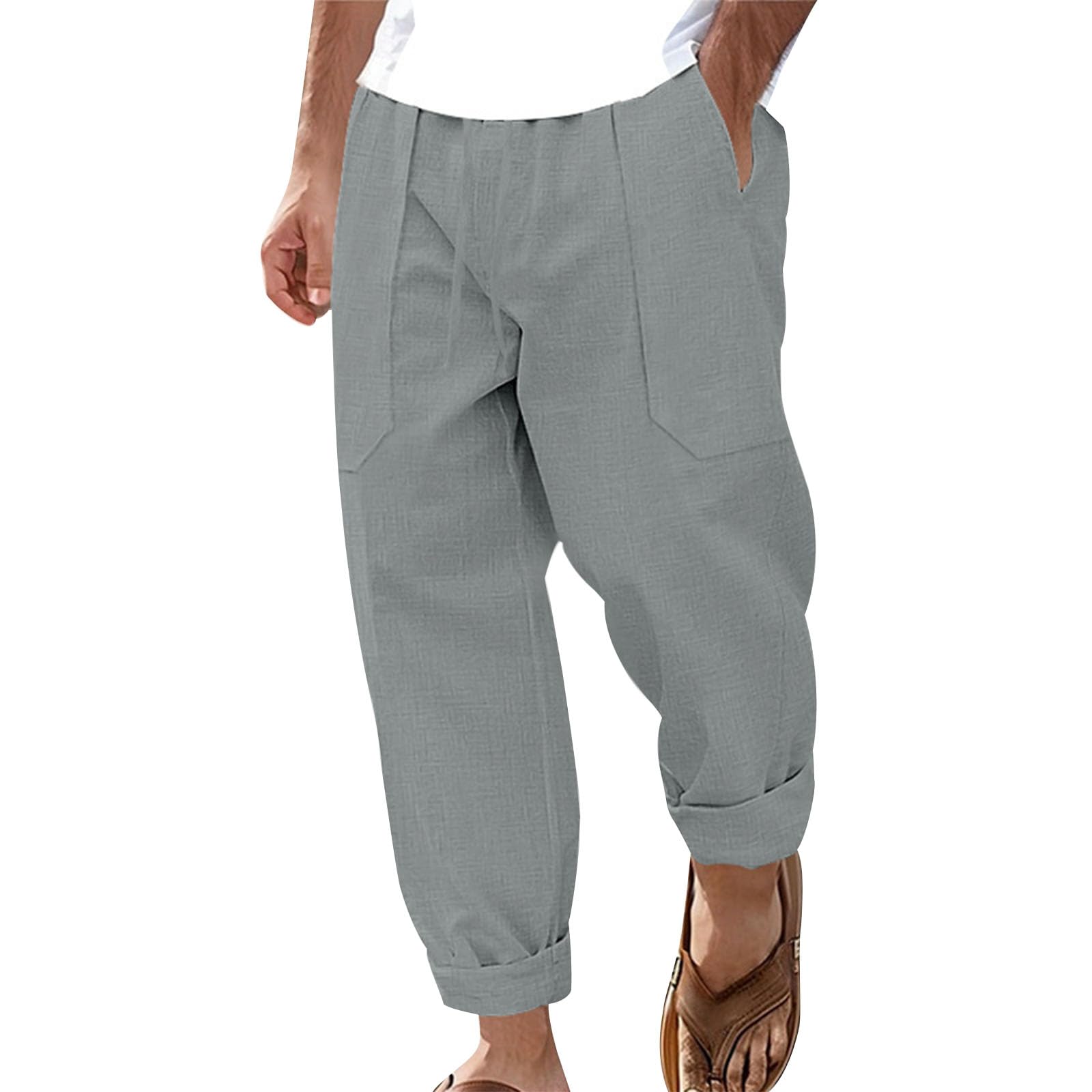 Mens Travel Pants Drawstring Loose Fit Elastic Waist Hiking Straight Legs Casual Summer Beach Pants with Pockets