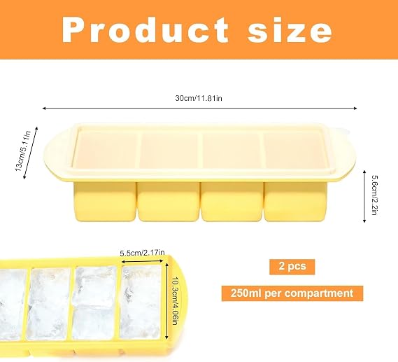 2Pcs Silicone Souper Freezer Trays Lids, 4-Cup Compartments Ice Cube Moulds | Silicone, Large for Batch Cooking, Microwavable Freezable Containers, Stores Soup Blocks, Avocado, Sauce, Yellow
