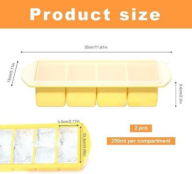 2Pcs Silicone Souper Freezer Trays Lids, 4-Cup Compartments Ice Cube Moulds | Silicone, Large for Batch Cooking, Microwavable Freezable Containers, Stores Soup Blocks, Avocado, Sauce, Yellow
