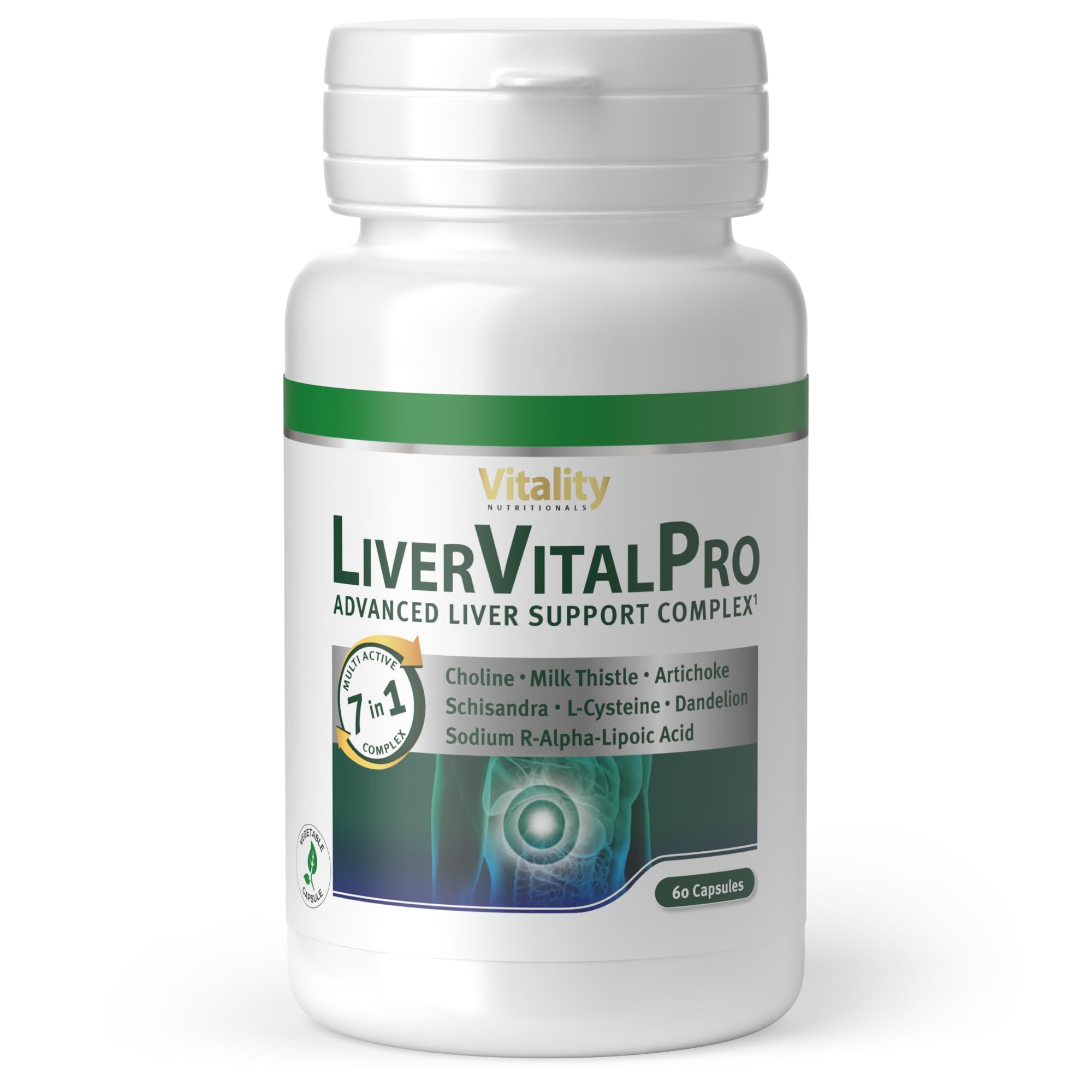 Leber Vital Kapseln Hochdosiert, ganzheitliche 7-in1-Formel mit Cholin, Vitaminen, Mineralstoffen, Mariendistel, Löwenzahn, Artischocke und Schisandra (60 Stk) Liver Vital Pro Vitality Nutritionals