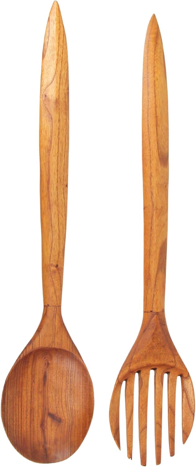 Oversized Hand-Carved Wooden Fork and Spoon Wall Decor Set - Rustic Minimalist Art with Stained Natural Wood Finish - 35.5" High, Perfect for Kitchens, Dining Rooms or Restaurants