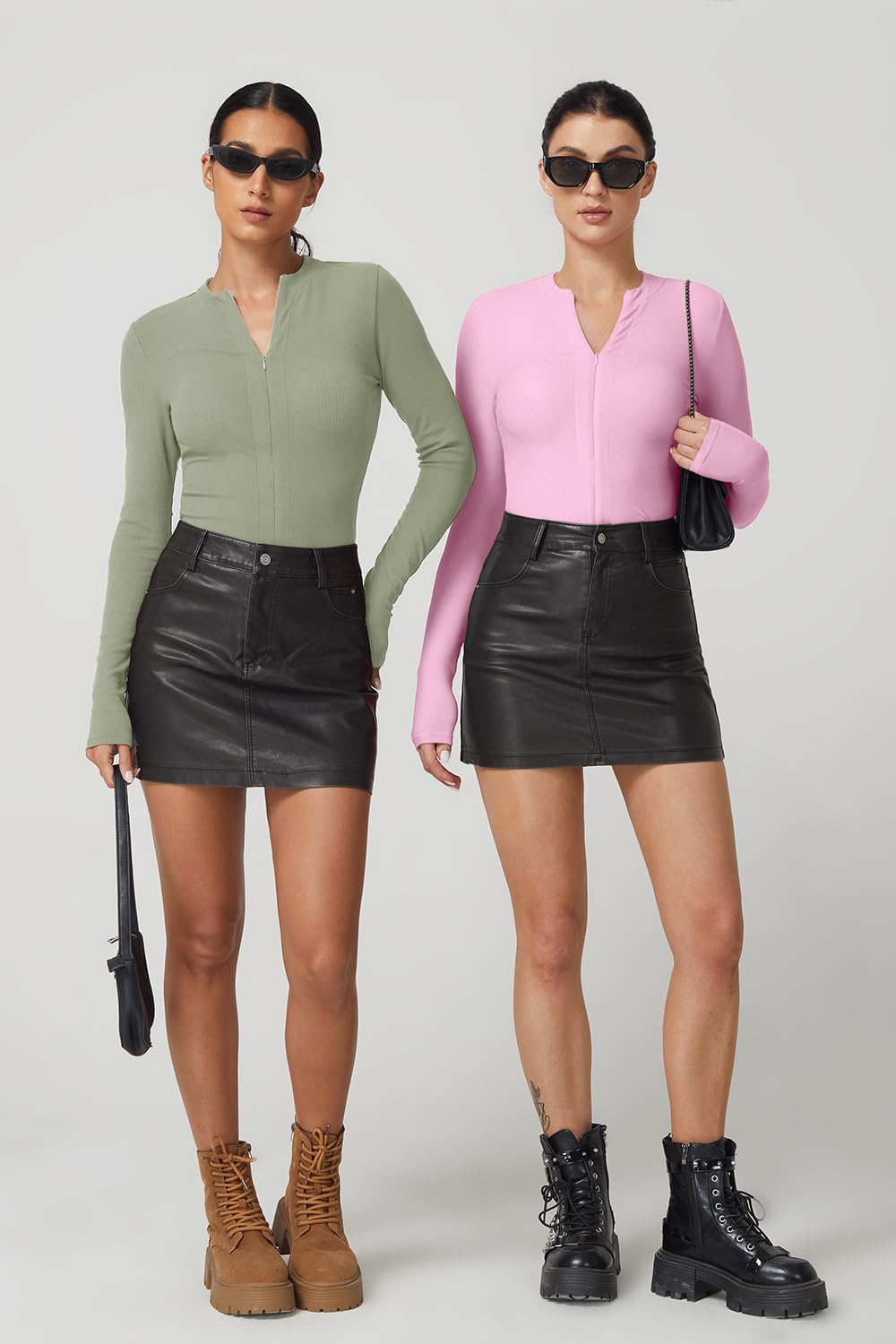 QINSEN Long Sleeve Shirts for Women V Neck Half Zipper Ribbed Knit Going Out Tops Full Length Basic Tee - Image 6