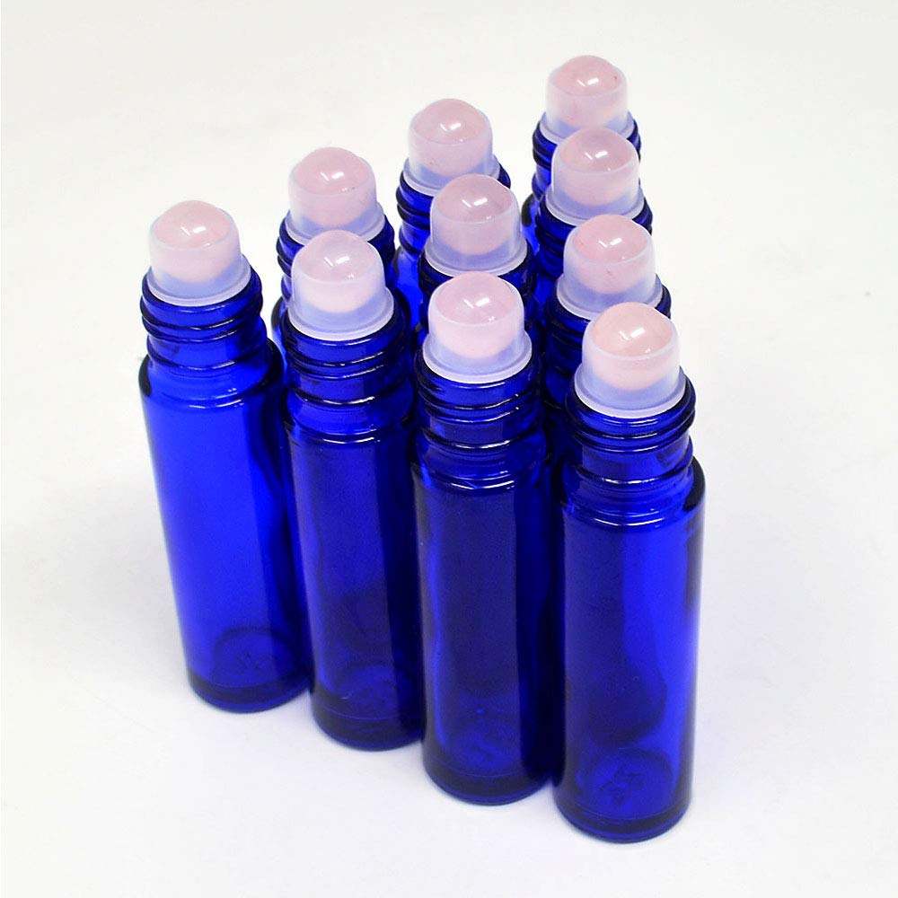 fengshuisale 10 bottiglie vuote ricaricabili blu da 10 ml, con pietre semipreziose in cristallo, per oli essenziali, con sacchetto incluso, W3903 (quarzo rosa)