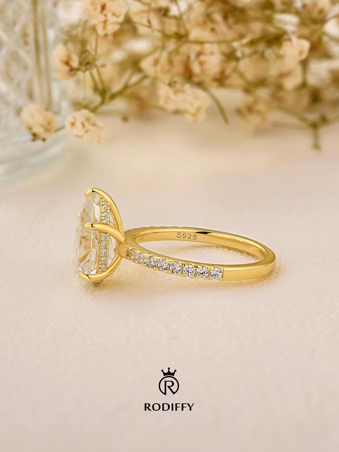 3 Carats Pear Cut Moissanite Ring for Women, Lab Created D Color VVS1, 14K Gold Plated S925 Silver Engagement Ring with Pavé Band - Image 6