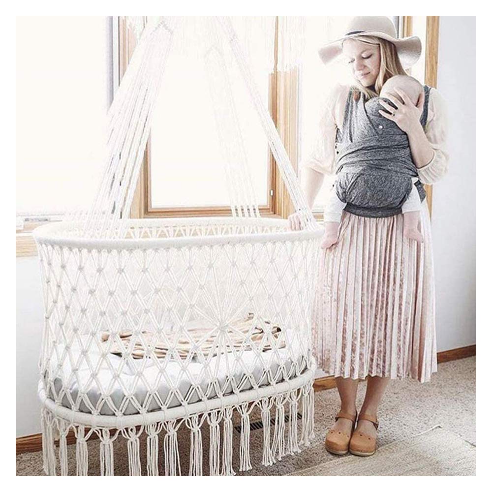 Berceau Suspendu Hamac Pour Bébé Fille/Garçon Pur Coton Tricoter Lit de né Bébé Coton tissé Corde pour garçons Filles Filet en macramé Respirant Mesures Franges Corde Macramé,Blanc,With accessories