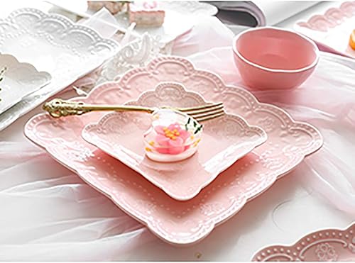 Miniatura 5 de Jusalpha Juego de platos cuadrados de cerámica de encaje en relieve, platos de pastaensaladapostre, lavavajillas, microondas, juego de vajilla para