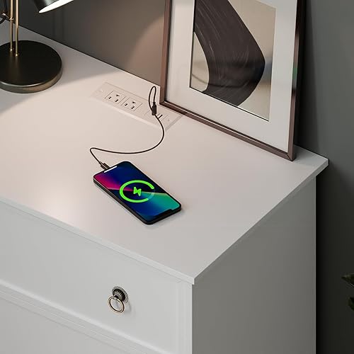 Miniatura 4 de COWMOU Mesita de noche con 3 cajones y estación de carga, mesa auxiliar de almacenamiento con estante, moderna mesita de noche de granja para