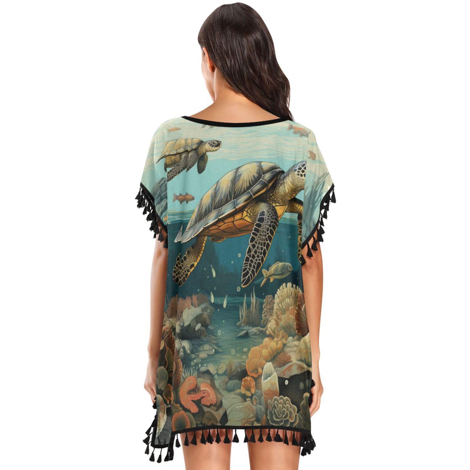 Ancient Sea Turtles Fishes Women's Beach Cover Up Chiffon Tassel Swimwear Swimsuit Coverups for Girl