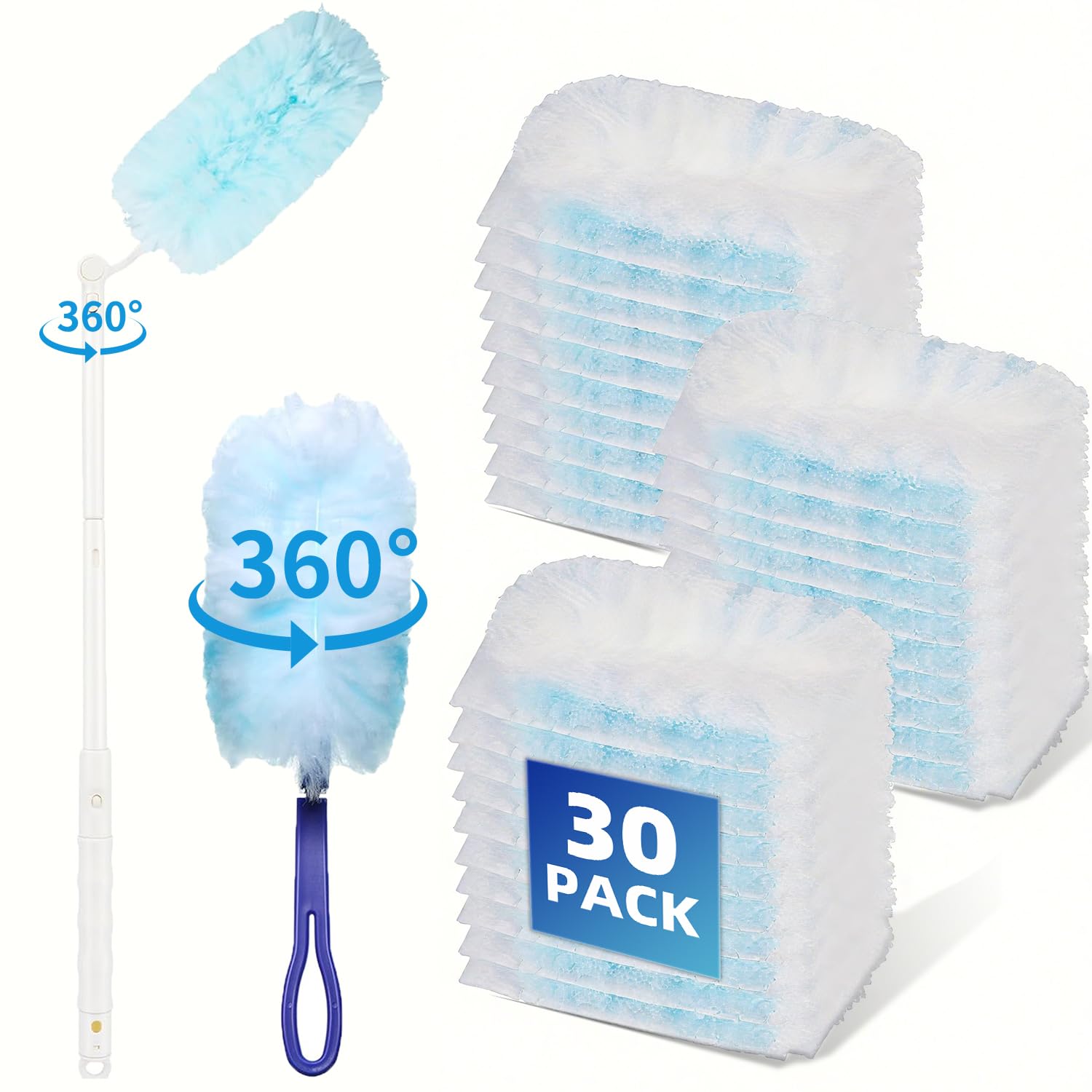 30-Pack Duster Refills Compatible for Swiffer Duster, 360° Heavy Duty Dusting Kit with 1 Extended Handle and 1 Short Handle, Multi-Surface Cleaning Kit for Blinds Bookshelf Furniture Ceiling Fans