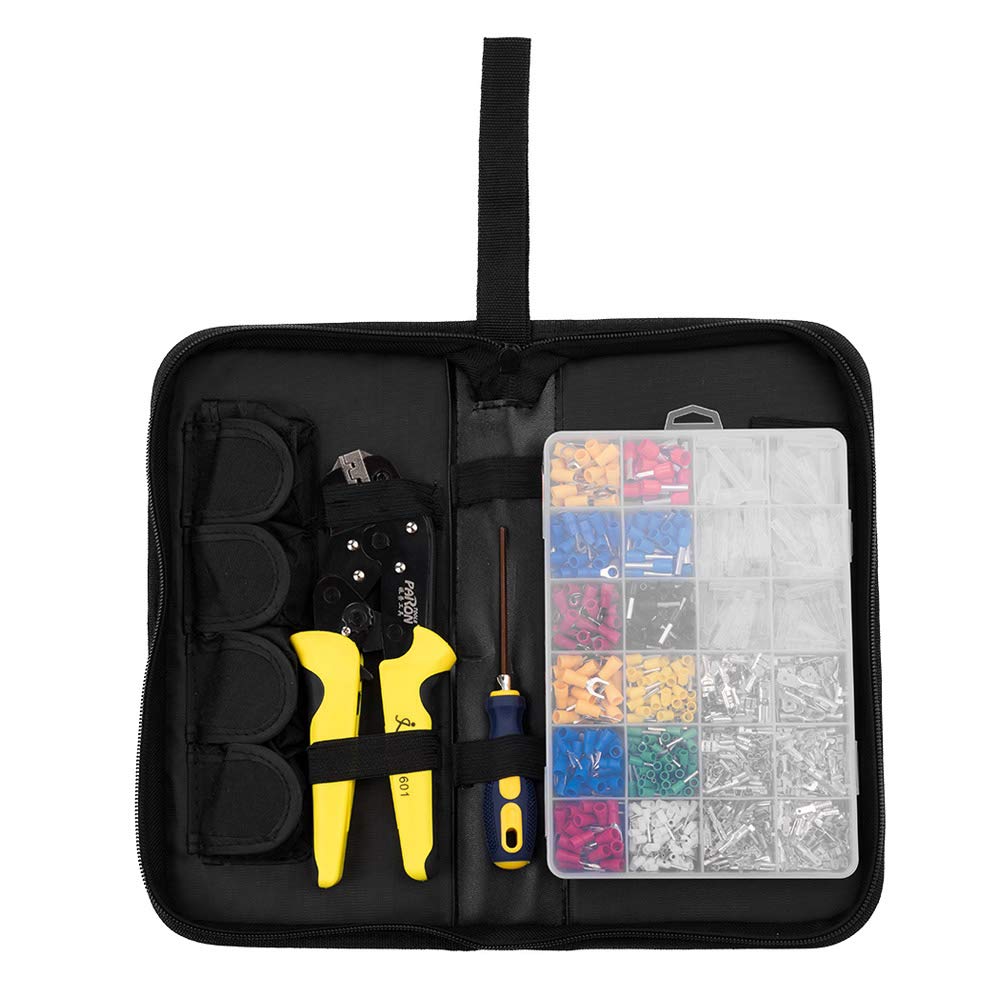 Kit di strumenti per crimpare cavi con ganasce intercambiabili, pinza a cricchetto e 850 terminali isolati 22-10 AWG (0,5-6,0 mm²), borsa per il trasporto organizzata