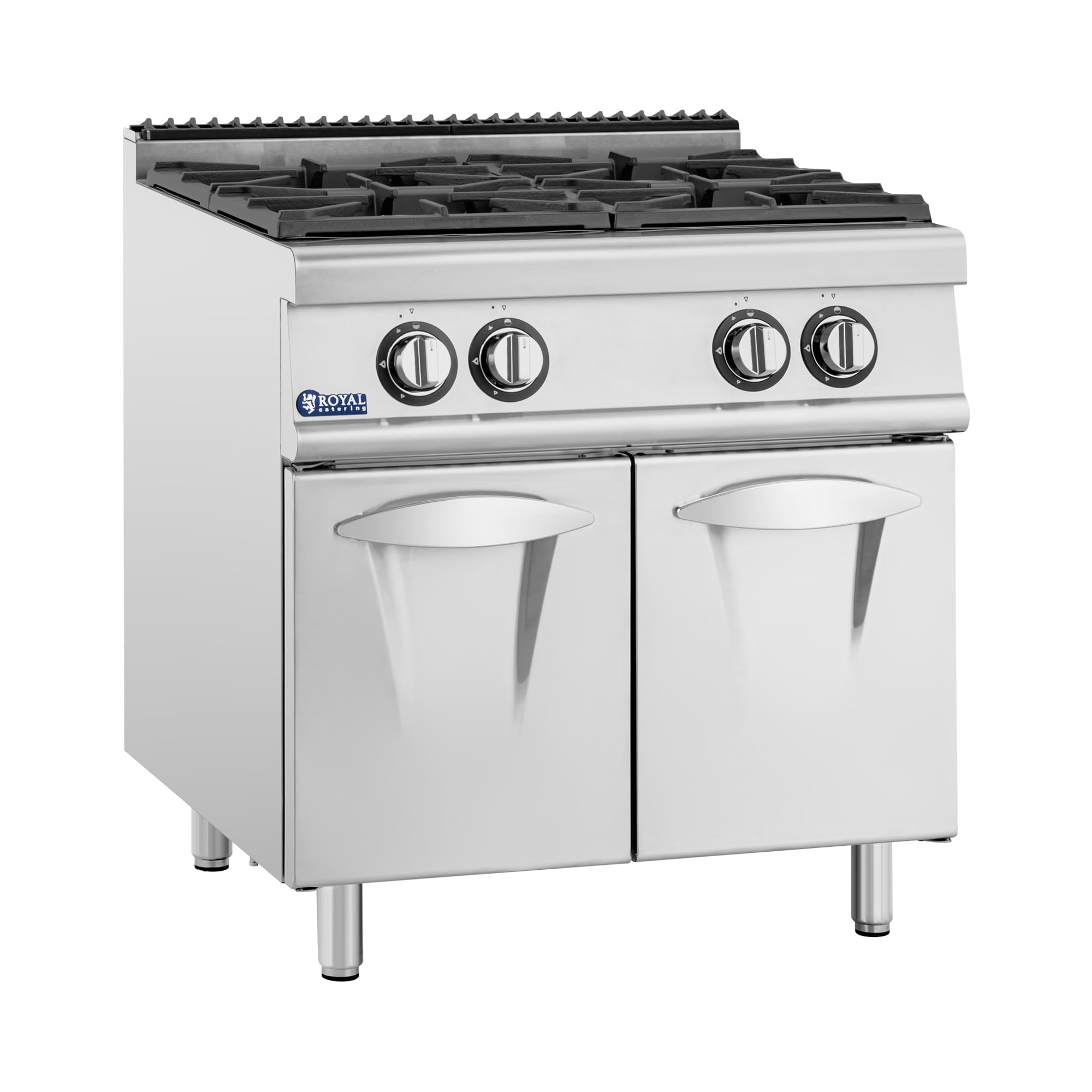 Royal Catering Gasherd mit Unterschrank 14,3 kW 4 Brenner Edelstahl entnehmbare Brennermulden Injektoren zum Umrüsten Propangas LPG Erdgas Flammensperre Dunstabzug Gas-Standherd Propangasherd