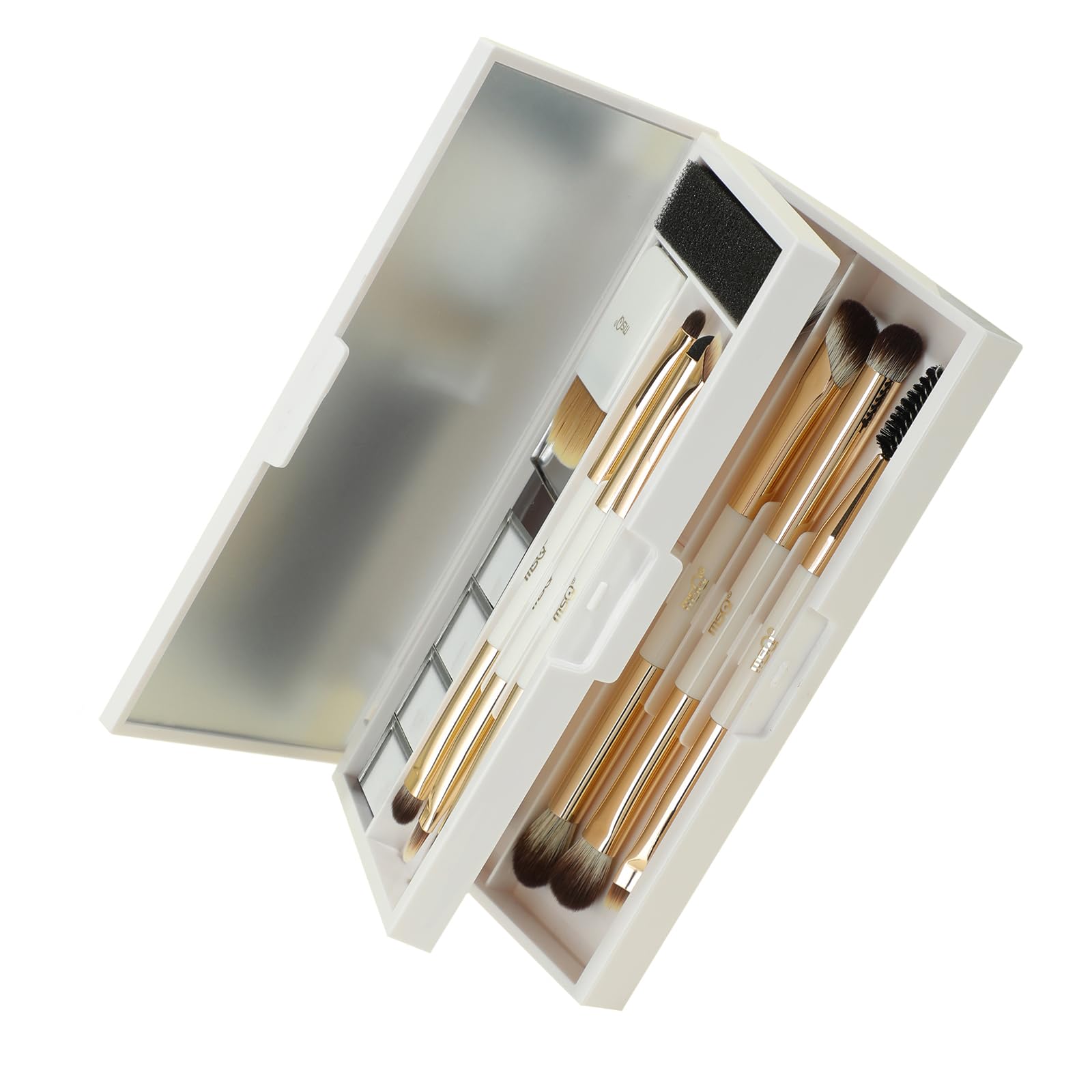 MSQ Juego de 7 pinceles de maquillaje doble extremo,1 pincel de ultrafino | Caja de esponja de limpieza de pinceles de maquillaje con espejo de maquillaje
