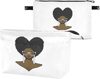 African Black woman Afro Hairstyle Sunglasses and Earrings Women Cosmetic Storage Handbag Case Portable Coin Purse, Makeup Bag Toiletry Handbag Organizer, Large Ladies Pouch Holder M